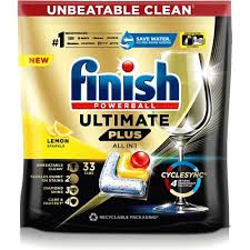 Finish Ultimate Plus  All in 1 Lemon Sparkle Dishwasher Tablets- 33 Pack-offer an effective cleaning solution for dishwashers, designed to tackle dirty dishes without the need for pre-rinsing.