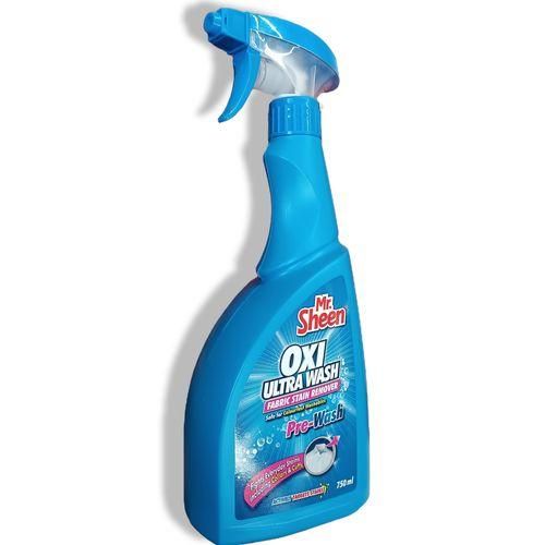 Mr. Sheen Oxi Ultra Wash Spray Fabric Stain Remover Safe For Colourfast Washables Actively Targets Stains, Ideal for greasy, oily, or set-in stains on collars, cuffs, and everyday clothing.