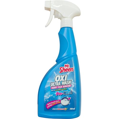 Mr. Sheen Oxi Ultra Wash Spray Fabric Stain Remover Safe For Colourfast Washables Actively Targets Stains, Ideal for greasy, oily, or set-in stains on collars, cuffs, and everyday clothing.
