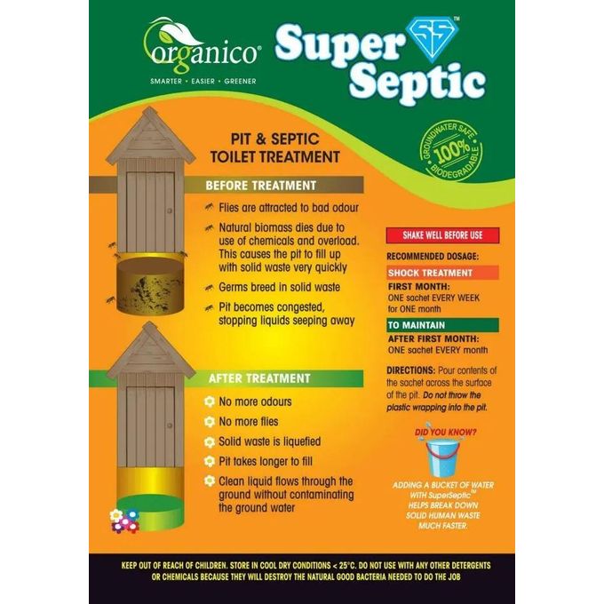 Super Septic & Pit Latrine Digester 100g –is a fast-acting, eco-friendly solution designed to break down waste, eliminate odors, and reduce sludge buildup in pit latrines and septic systems.