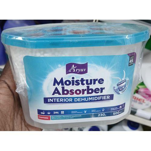 Aryuv Moisture Absorber Interior Dehumidifier - 230g. a passive dehumidifier for enclosed spaces, using calcium chloride crystals to pull excess humidity from the air, preventing mold and musty odors,