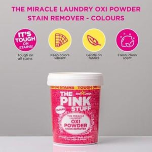 THE PINK STUFF MIRACLE LAUNDRY OXI POWDER STAIN REMOVAL COLOR SAFE 1 KG. Specially formulated to brighten and whiten, it removes stubborn stains while restoring the original brightness of your whites.