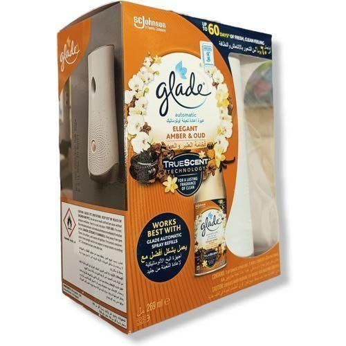 Sc Johnsons Glade Automatic Spray Refill and Holder Kit, Air Freshener for Home and Bathroom, Elegant Amber and Oud Fragrance-