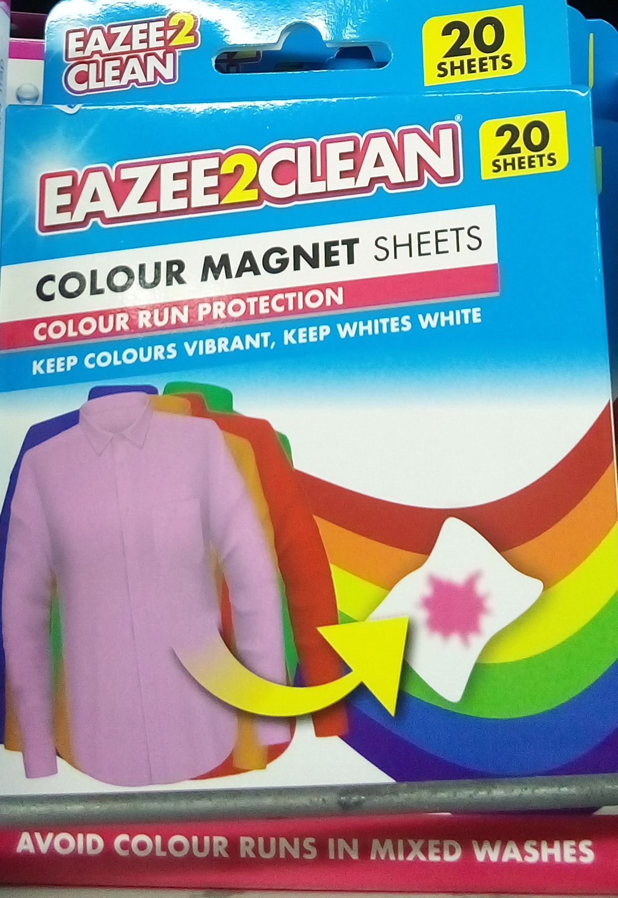 PMS eeze2clean 20 sheets  .Snatches colour runs before the colour reaches other garments. can be used as a spot cleaner, simply moisten the sheet and dab.