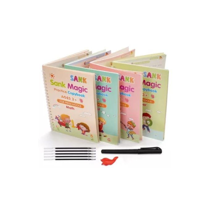 4 Kids Magic Sank Books + Free LCD Writing Tablet. The Sank magic book comes in a set of 4 books. Alphabet Mathematics Drawing Numbers