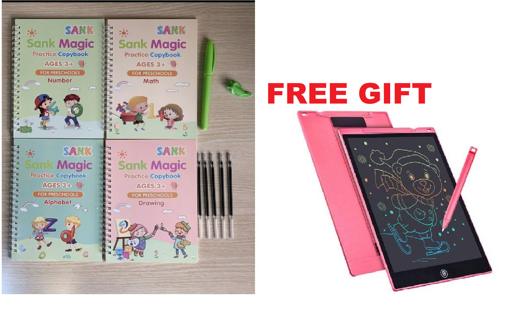 4 Kids Magic Sank Books + Free LCD Writing Tablet. The Sank magic book comes in a set of 4 books. Alphabet Mathematics Drawing Numbers