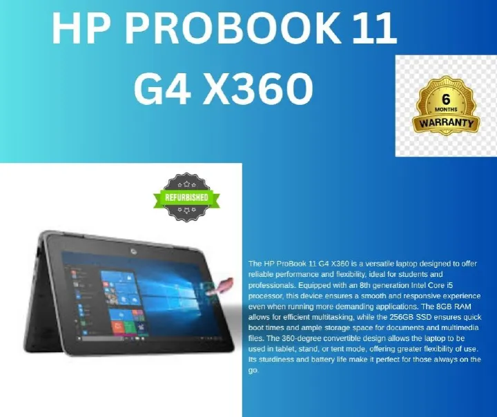 The HP ProBook 11 G4 X360 COI5 8TH GENERATION 8GBRAM 256SSD is a versatile laptop designed to offer reliable performance and flexibility, ideal for students and professionals.