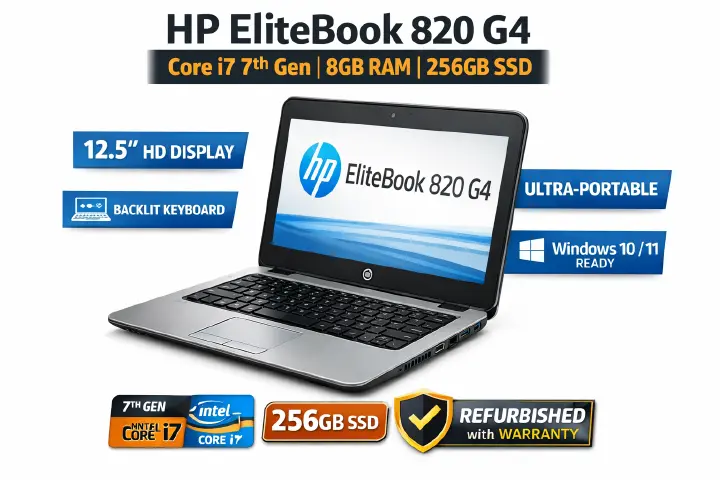 HP EliteBook 820 G4 Core i7 7th Gen | 8GB RAM | 256GB SSD | 12.5” HD Business Laptop | Ultra-Portable | Backlit Keyboard | Windows 10/11 Ready | Refurbished with Warranty