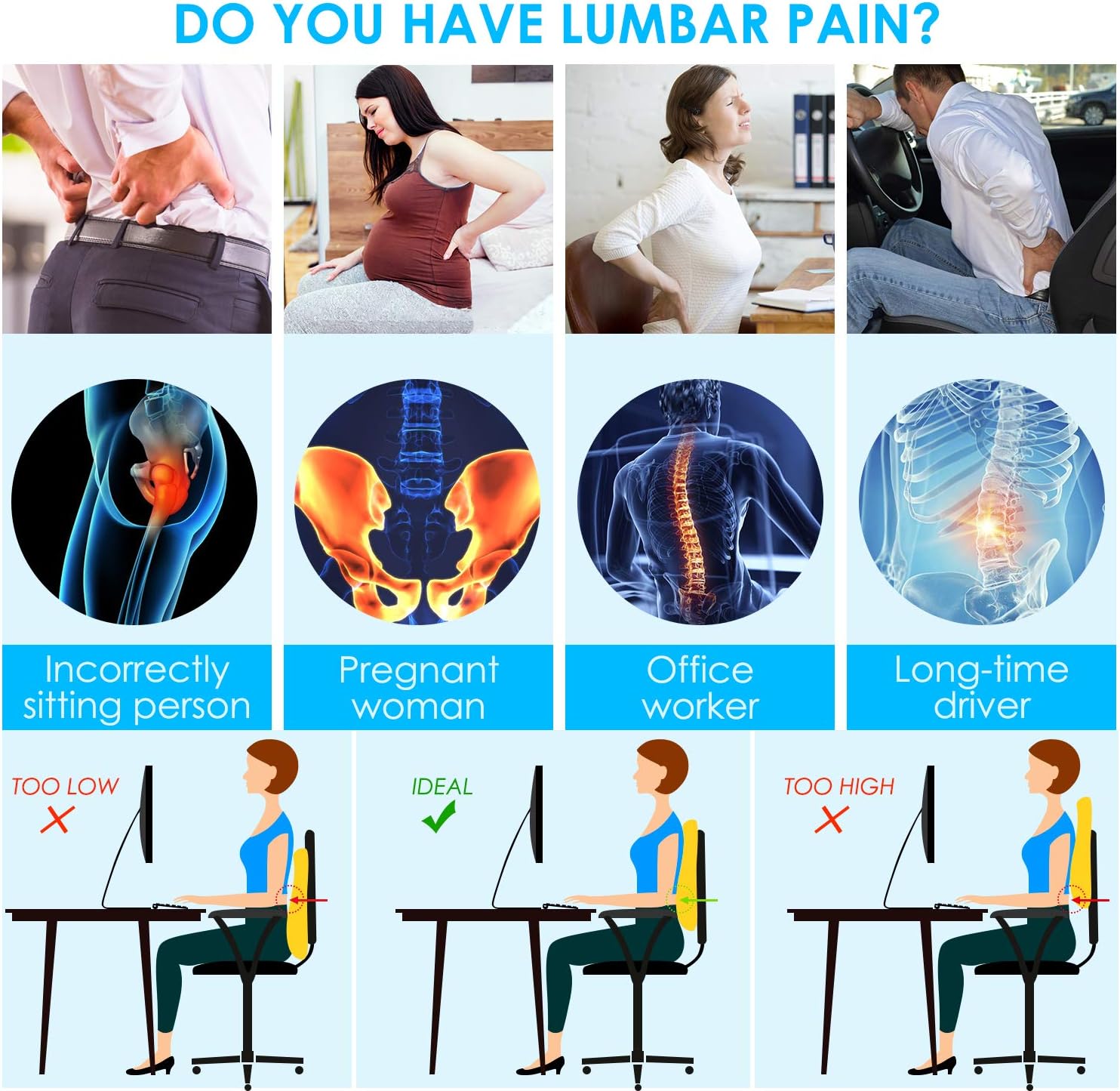 Lumbar Support Pillow for Office Chair Car Back Support Pillow, Memory Foam Gaming Chair Desk Chair Back Cushion for Lower Back Pain Relief, Ergonomic Back Rest with Double Adjustable Straps