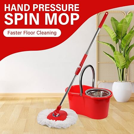 Spin Mop and Bucket with Wringer Set, 360° Spinning Mop and Bucket System with Double Cotton Tip Replacement Heads and Stainless Steel Adjustable Handle for Floor Cleaning