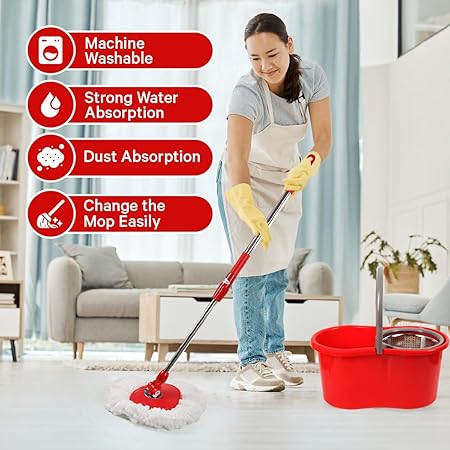 Spin Mop and Bucket with Wringer Set, 360° Spinning Mop and Bucket System with Double Cotton Tip Replacement Heads and Stainless Steel Adjustable Handle for Floor Cleaning