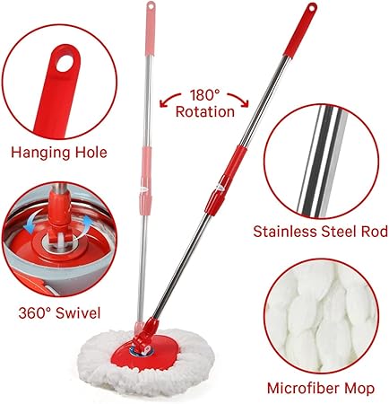 Spin Mop and Bucket with Wringer Set, 360° Spinning Mop and Bucket System with Double Cotton Tip Replacement Heads and Stainless Steel Adjustable Handle for Floor Cleaning