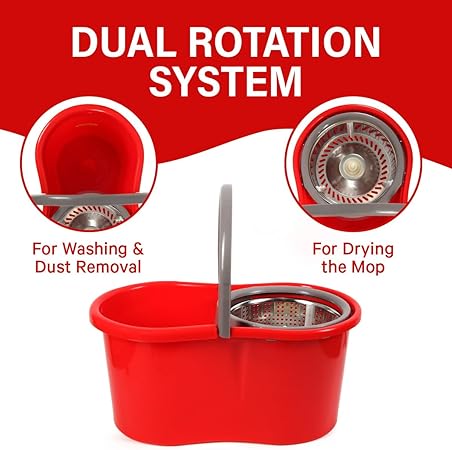 Spin Mop and Bucket with Wringer Set, 360° Spinning Mop and Bucket System with Double Cotton Tip Replacement Heads and Stainless Steel Adjustable Handle for Floor Cleaning
