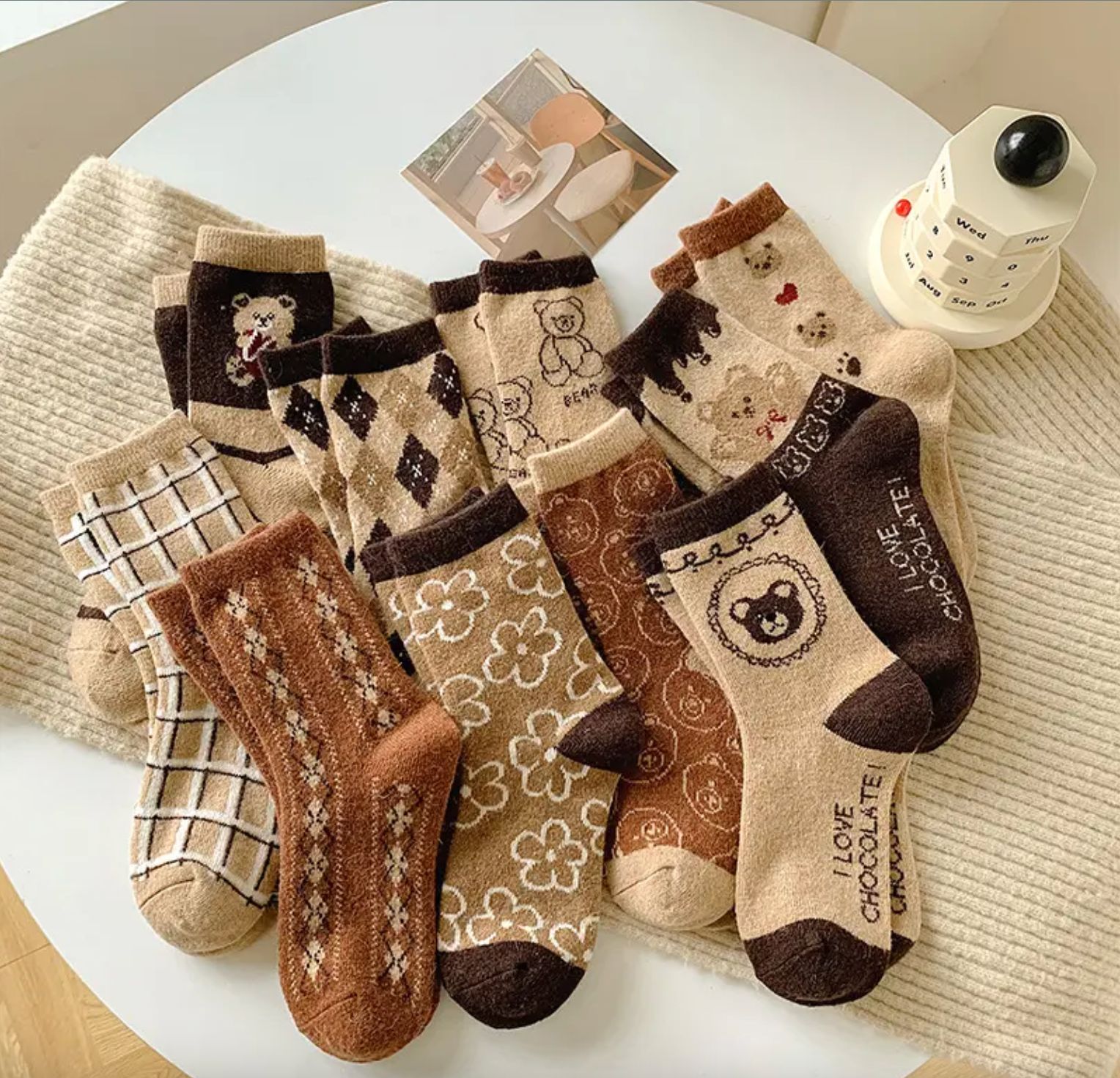 3pcs - Cozy Coffee Wool Socks for Women/Ladies  – Cute Korean Winter Style with Cartoon Bear