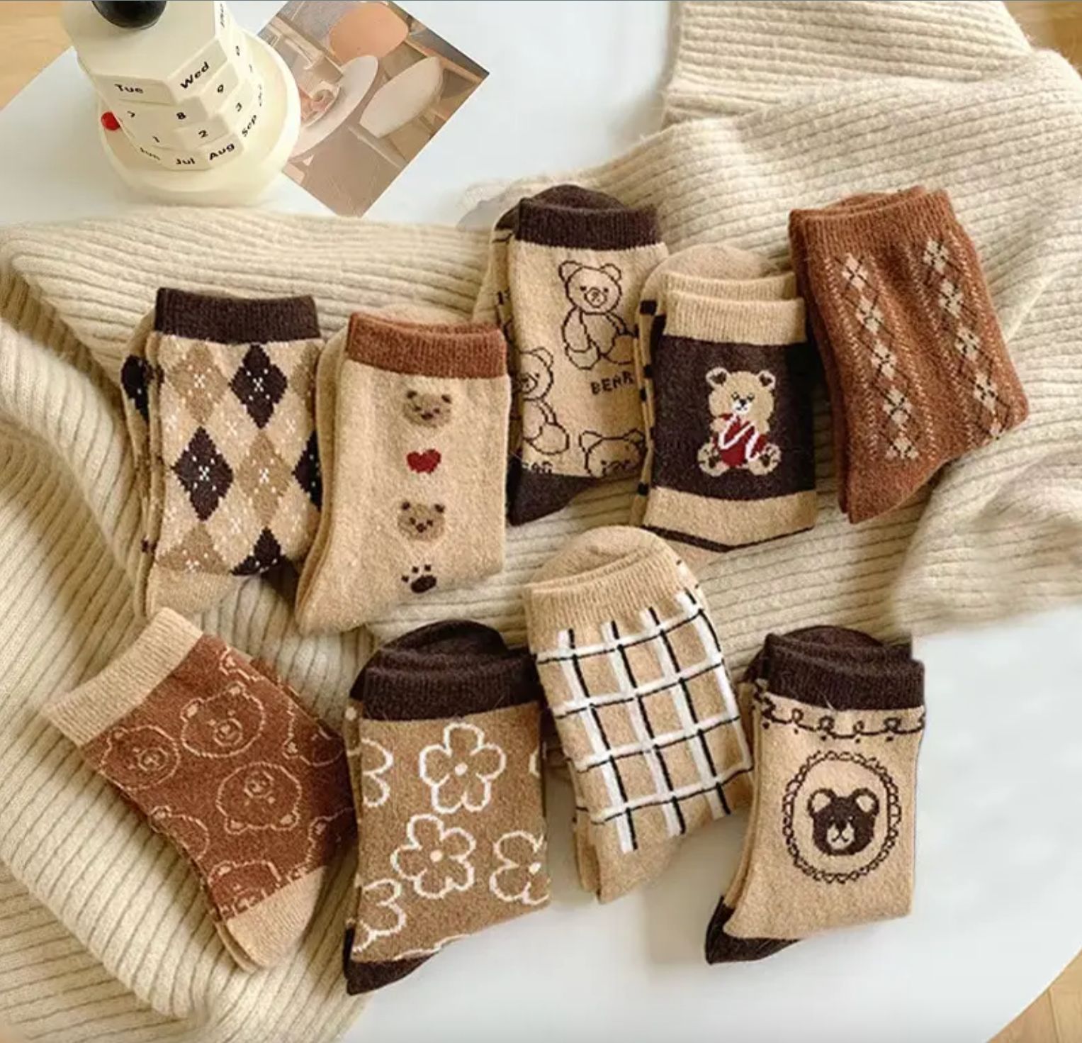 3pcs - Cozy Coffee Wool Socks for Women/Ladies  – Cute Korean Winter Style with Cartoon Bear