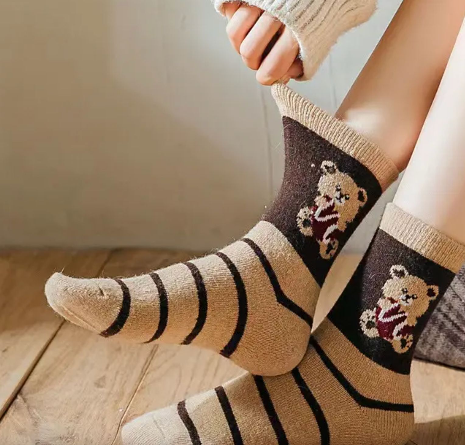 3pcs - Cozy Coffee Wool Socks for Women/Ladies  – Cute Korean Winter Style with Cartoon Bear