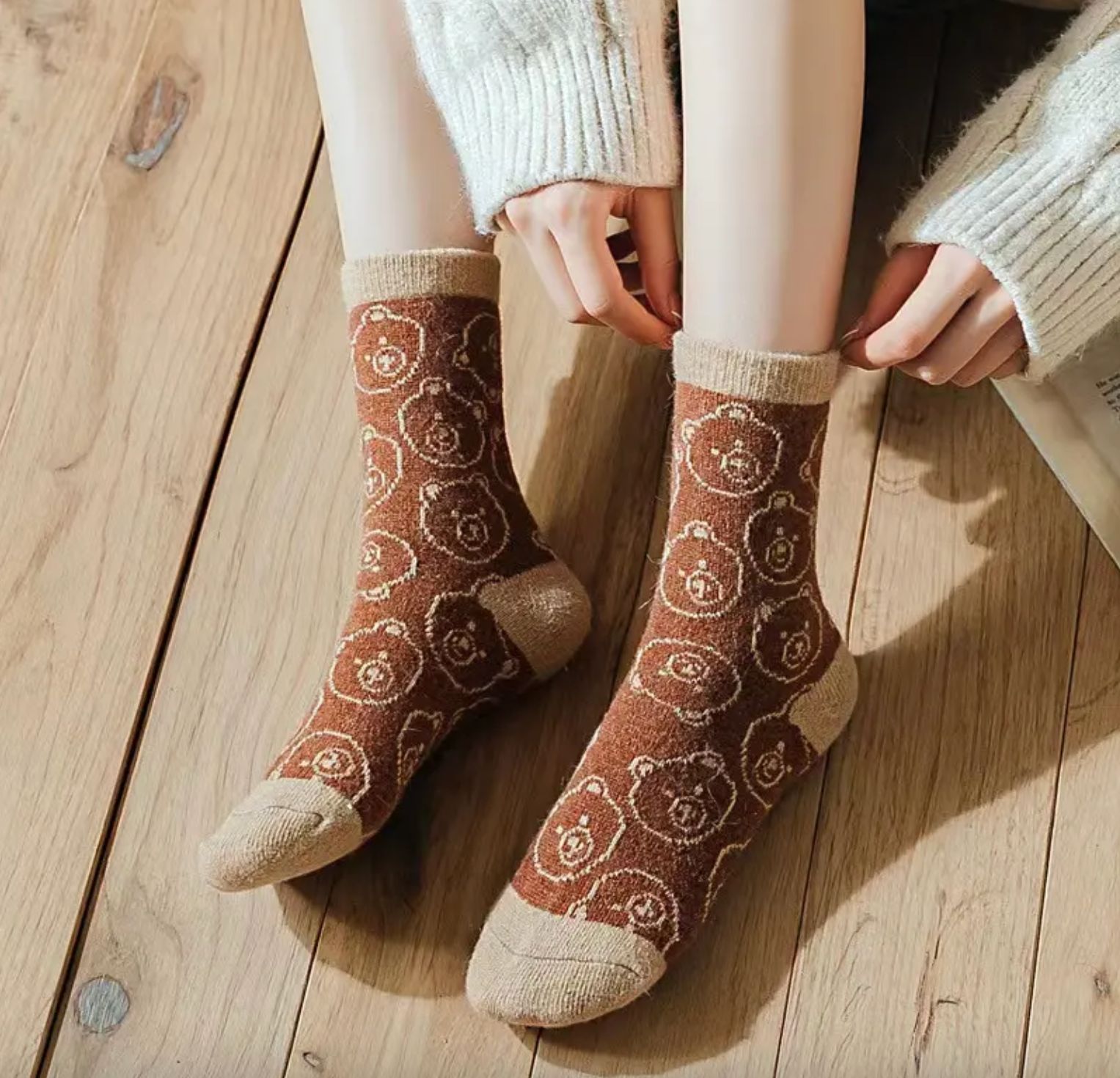 3pcs - Cozy Coffee Wool Socks for Women/Ladies  – Cute Korean Winter Style with Cartoon Bear