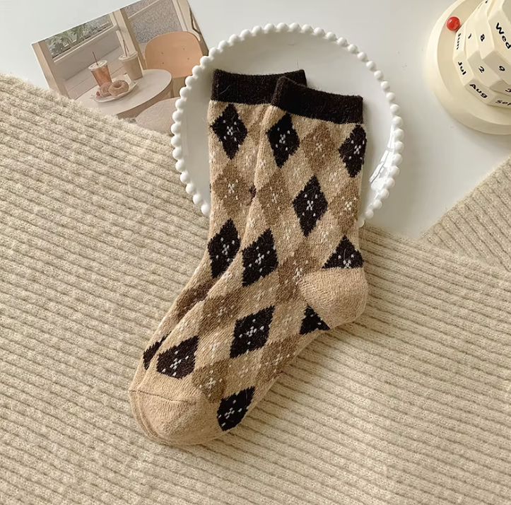 3pcs - Cozy Coffee Wool Socks for Women/Ladies  – Cute Korean Winter Style with Cartoon Bear
