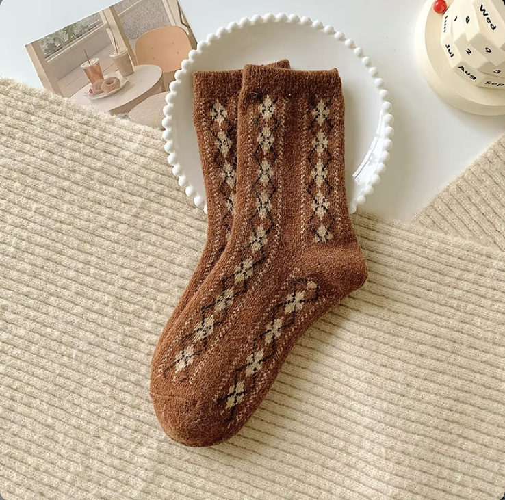 3pcs - Cozy Coffee Wool Socks for Women/Ladies  – Cute Korean Winter Style with Cartoon Bear