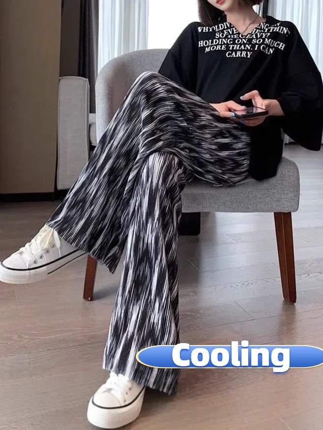 New plus-length tie-dyed ice silk wide-leg pants for women, thin version, summer high-waisted casual loose slim-fit straight trousers