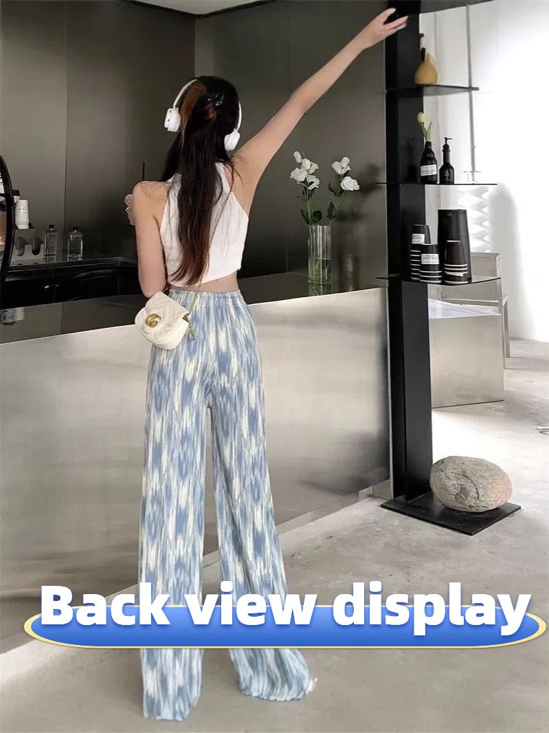 New plus-length tie-dyed ice silk wide-leg pants for women, thin version, summer high-waisted casual loose slim-fit straight trousers