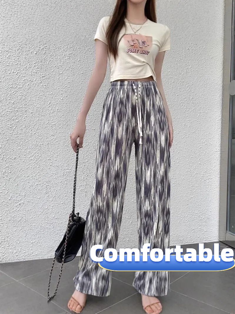 New plus-length tie-dyed ice silk wide-leg pants for women, thin version, summer high-waisted casual loose slim-fit straight trousers