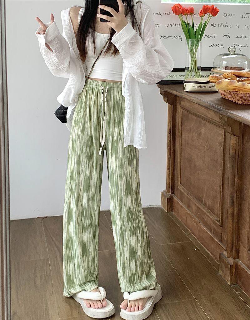 New plus-length tie-dyed ice silk wide-leg pants for women, thin version, summer high-waisted casual loose slim-fit straight trousers