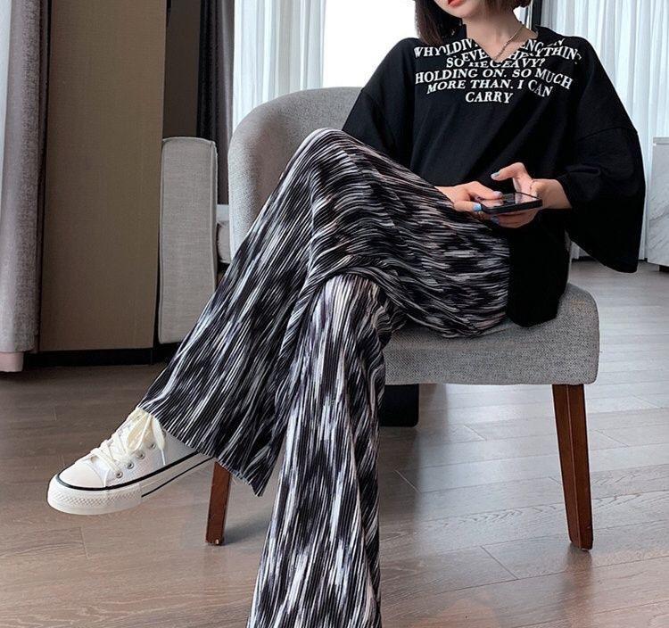 New plus-length tie-dyed ice silk wide-leg pants for women, thin version, summer high-waisted casual loose slim-fit straight trousers