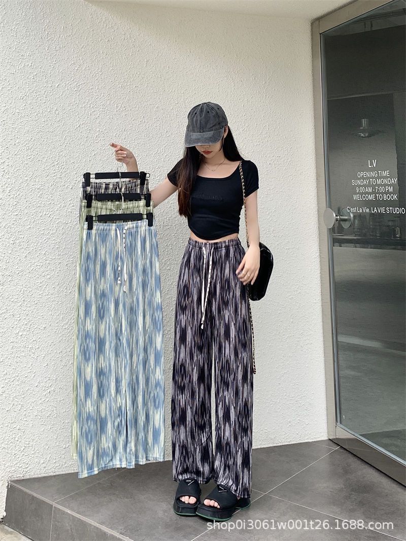 New plus-length tie-dyed ice silk wide-leg pants for women, thin version, summer high-waisted casual loose slim-fit straight trousers