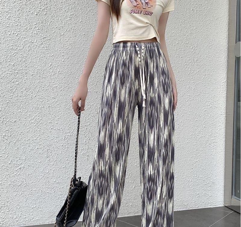 New plus-length tie-dyed ice silk wide-leg pants for women, thin version, summer high-waisted casual loose slim-fit straight trousers