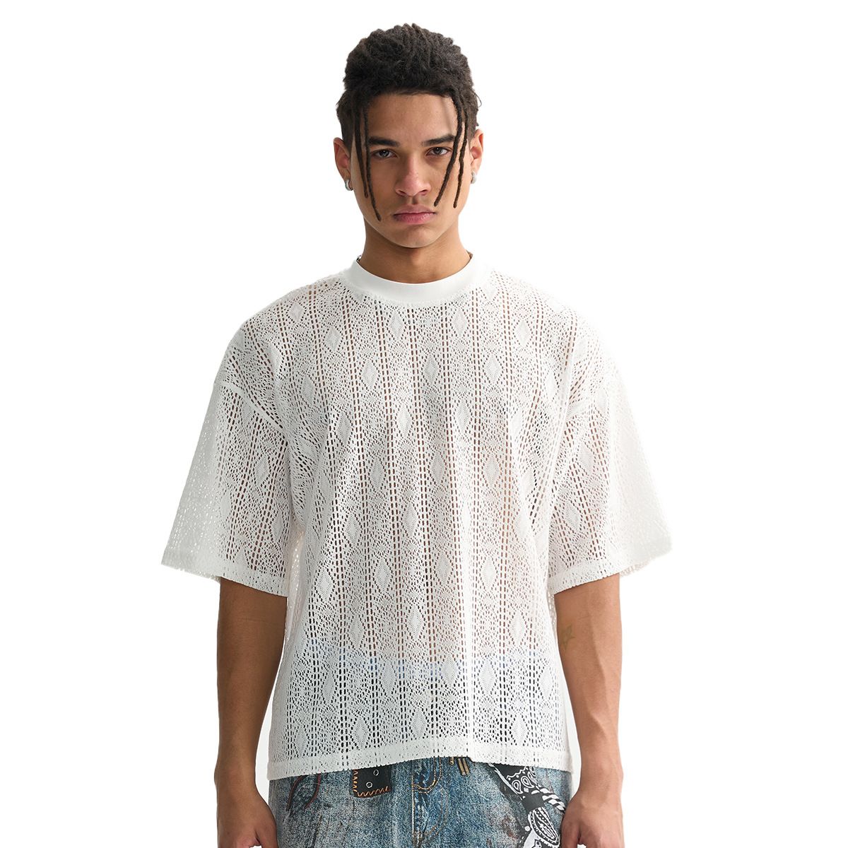 Men's wear|Women's wear|New trend men's lace mesh short sleeve loose casual sheer round neck T-shirt