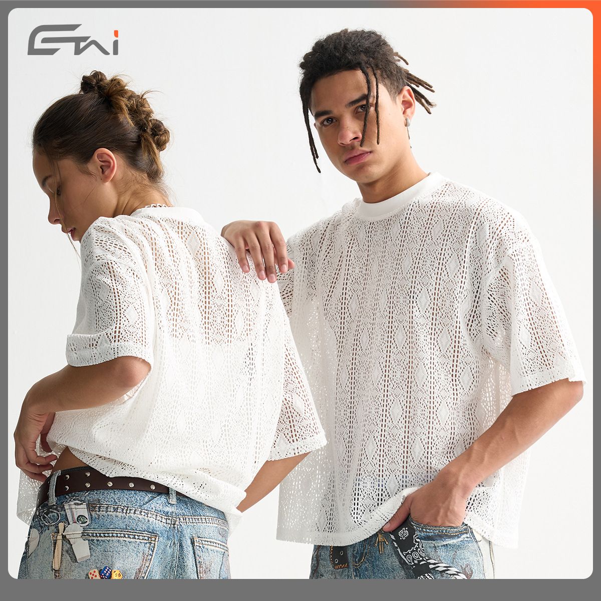 Men's wear|Women's wear|New trend men's lace mesh short sleeve loose casual sheer round neck T-shirt