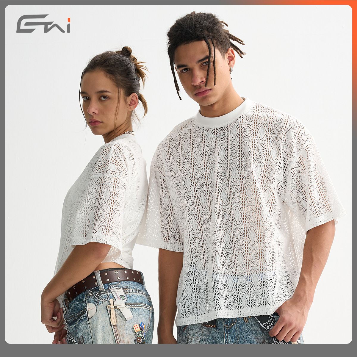 Men's wear|Women's wear|New trend men's lace mesh short sleeve loose casual sheer round neck T-shirt