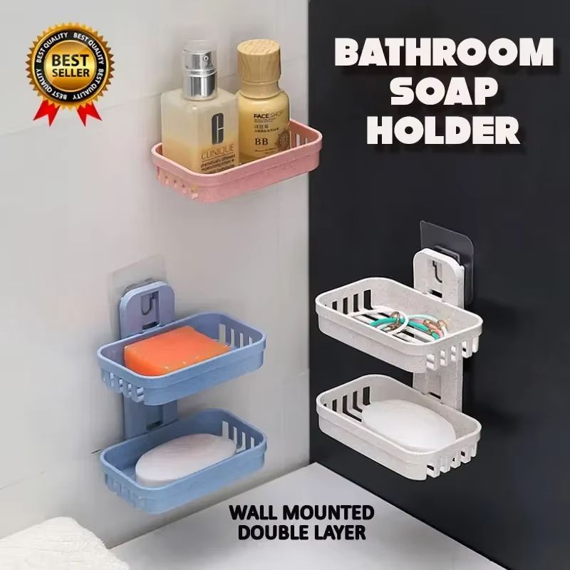 New Bathroom Suction, Cup Soap Dishes Plastic Holders, Wall-mounted Double-deck Creative Drainage Soap Storage Racks