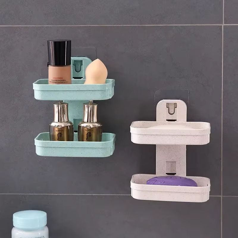 New Bathroom Suction, Cup Soap Dishes Plastic Holders, Wall-mounted Double-deck Creative Drainage Soap Storage Racks