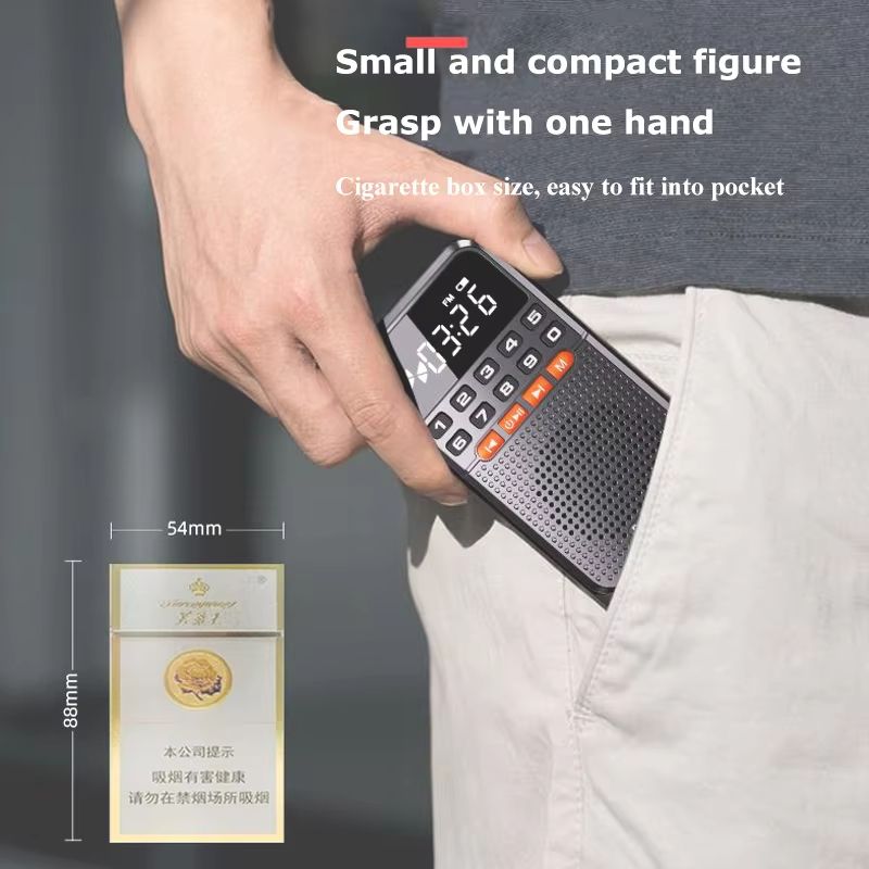 Mini Portable Pocket Radio Dual Antenna Radios Receiver Bluetooth Speaker Walkman with LED Display Flashlight TF Card Player