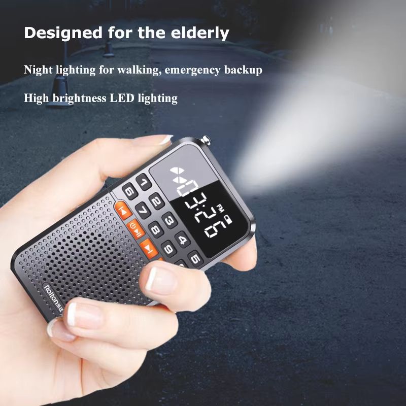 Mini Portable Pocket Radio Dual Antenna Radios Receiver Bluetooth Speaker Walkman with LED Display Flashlight TF Card Player
