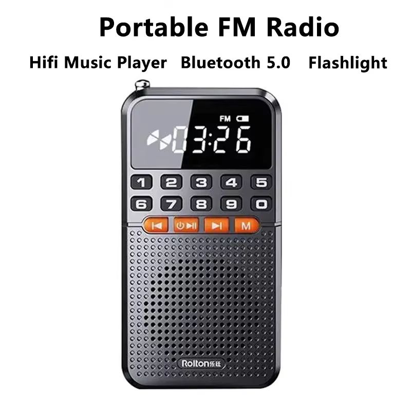 Mini Portable Pocket Radio Dual Antenna Radios Receiver Bluetooth Speaker Walkman with LED Display Flashlight TF Card Player