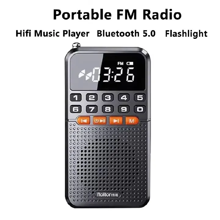 Mini Portable Pocket Radio Dual Antenna Radios Receiver Bluetooth Speaker Walkman with LED Display Flashlight TF Card Player