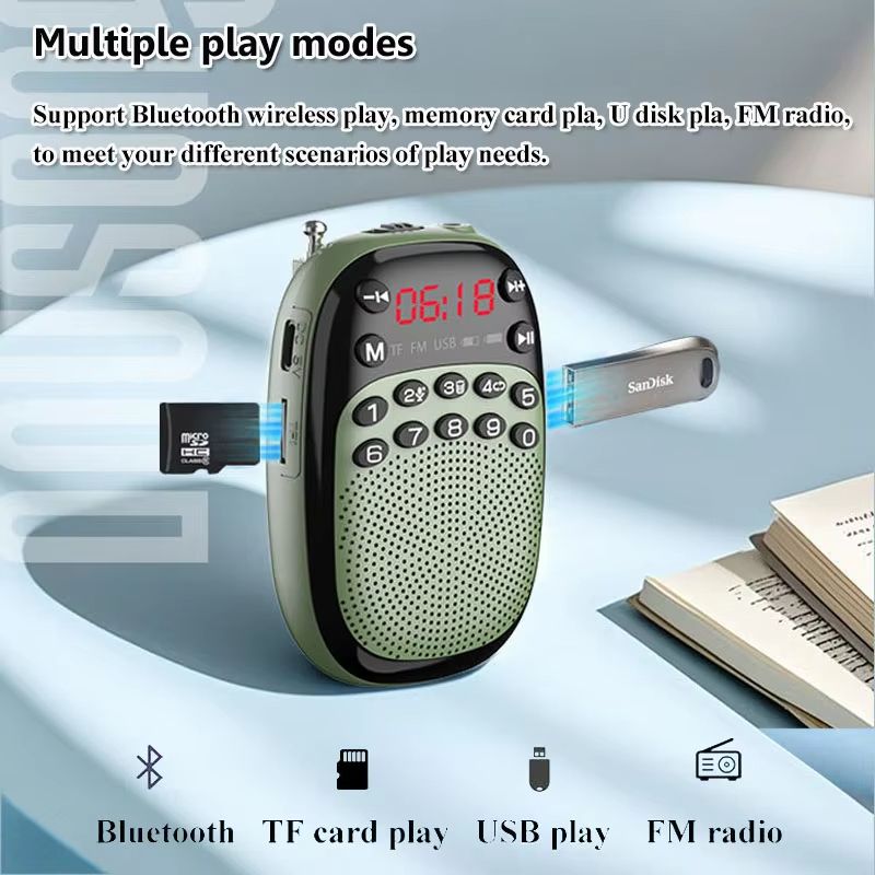Mini Pocket FM Radio Portable Rechargeable DSP Radios Wireless Bluetooth Speaker Internal&External Recording TF USB Music Play
