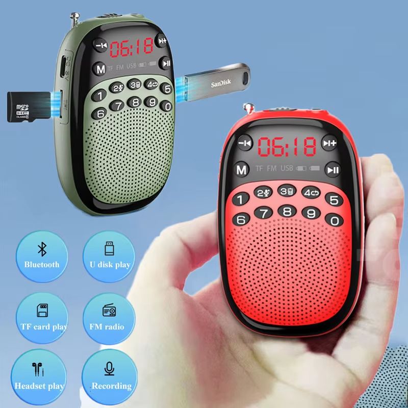 Mini Pocket FM Radio Portable Rechargeable DSP Radios Wireless Bluetooth Speaker Internal&External Recording TF USB Music Play