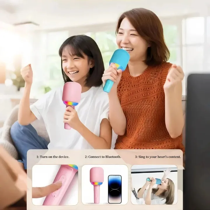 Portable Speaker Microphone Combo, Lightweight & Colorful Atmosphere Light, Four Vocoder Effects, Ideal for Family Singing Fun