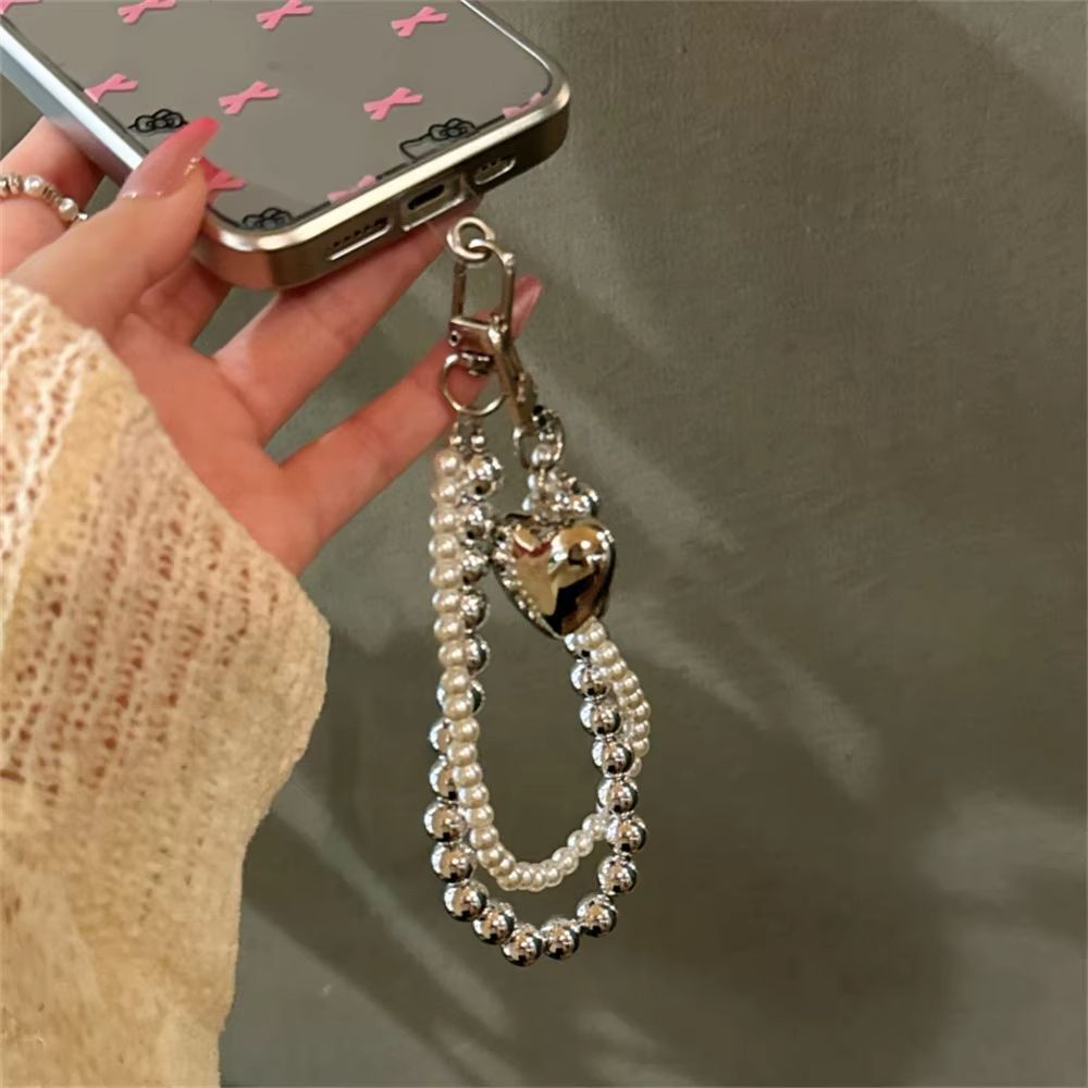 Luxury Silver Pearl Love Heart Bead Chain Pendant Phone Charm Strap For iPhone Samsung Accessrioes Woman Girl Hanging Rope Cord
