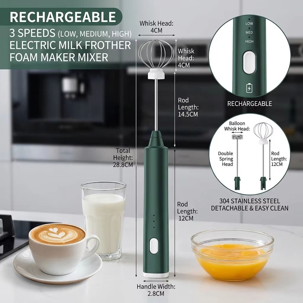 USB Rechargeable Handheld Egg Beater 3 Speeds Electric Milk Frother Foam Maker Mixer Coffee Drink Frothing Wand Foamer