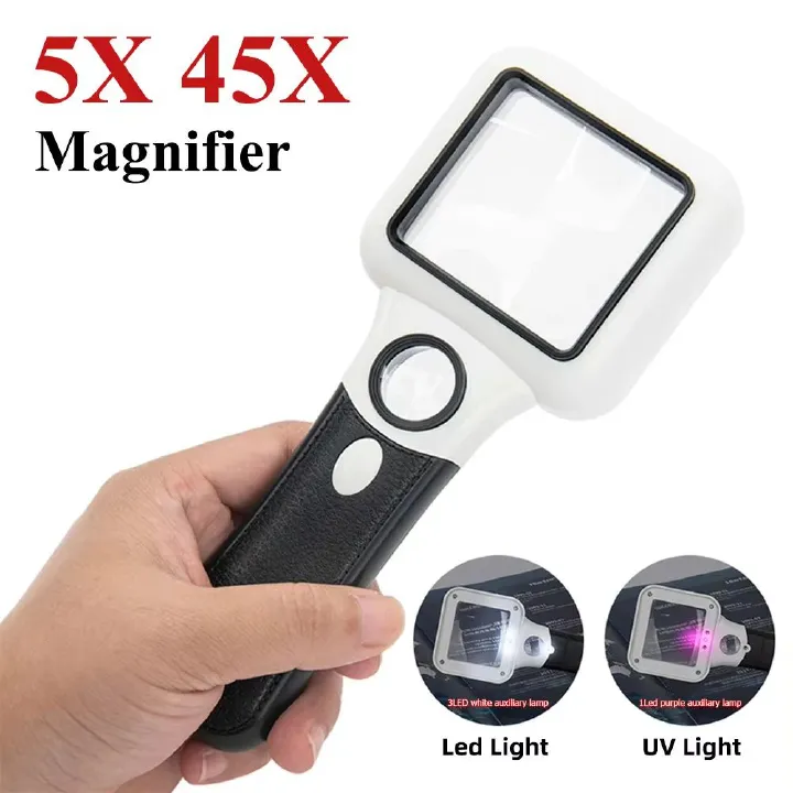 45x reading magnifying glass with LED light, UV light, handheld magnifying glass, luminous jewelry, senior magnifying glass with light handheld magnifying glass, high-definition high-power magnifying