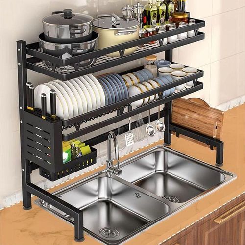 Hot Sale Over The Sink Extendable Dish Drying Rack,2 tier Full 304 Stainless Steel dish Drainer rack, Adjustable Length (45CM _ 85CM) Kitchen Storage Counter With Cup Hanging Set and Hooks (Black-2Tie