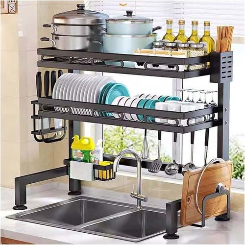 Hot Sale Over The Sink Extendable Dish Drying Rack,2 tier Full 304 Stainless Steel dish Drainer rack, Adjustable Length (45CM _ 85CM) Kitchen Storage Counter With Cup Hanging Set and Hooks (Black-2Tie
