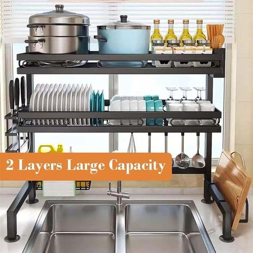 Hot Sale Over The Sink Extendable Dish Drying Rack,2 tier Full 304 Stainless Steel dish Drainer rack, Adjustable Length (45CM _ 85CM) Kitchen Storage Counter With Cup Hanging Set and Hooks (Black-2Tie