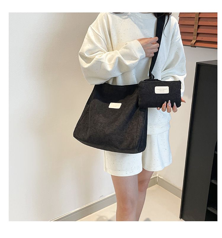 Large Capacity Shoulder Bag Trendy Corduroy Tote Bag Solid Color Ladies Handbag With Samll Bag 2Pcs Set