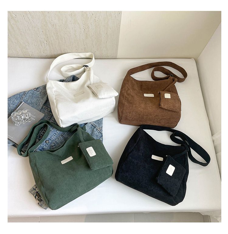 Large Capacity Shoulder Bag Trendy Corduroy Tote Bag Solid Color Ladies Handbag With Samll Bag 2Pcs Set